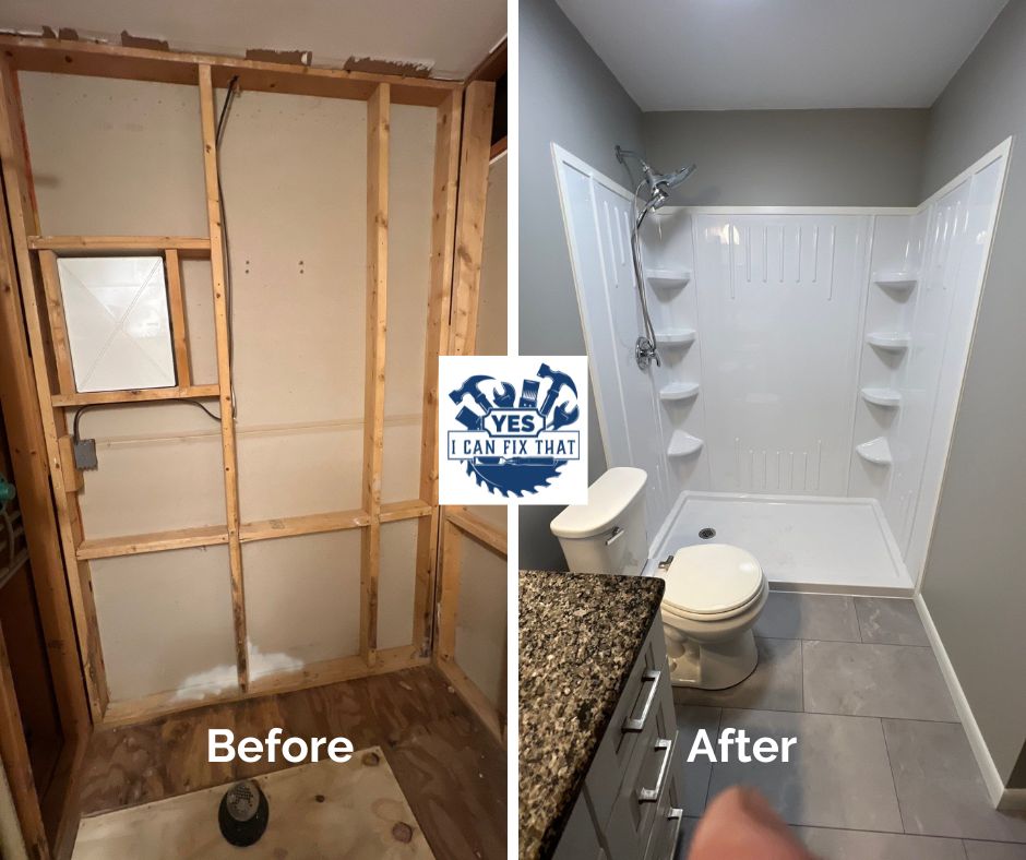 Before and after: Bathroom rebuilt from the studs: shower surround, tile floor, vanity, and toilet