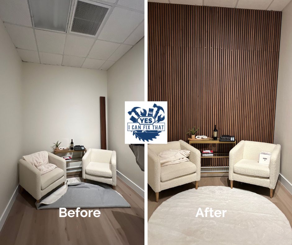 Before and after: Wood slat accent wall installed