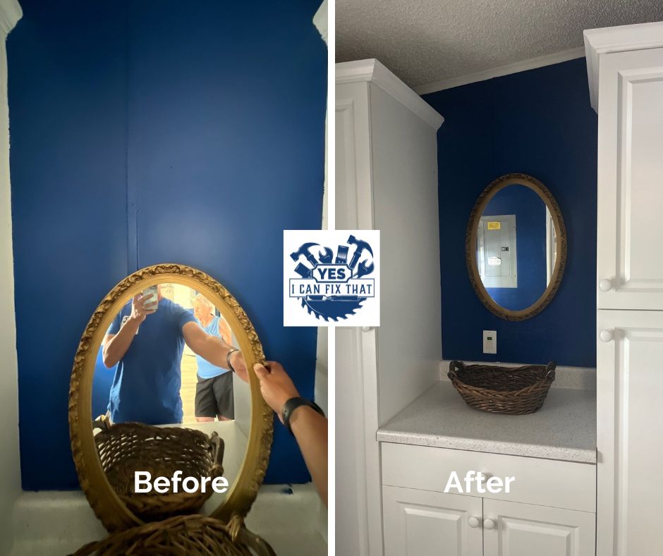 Before and after: Built-in cabinets and countertop installed, mirror hung