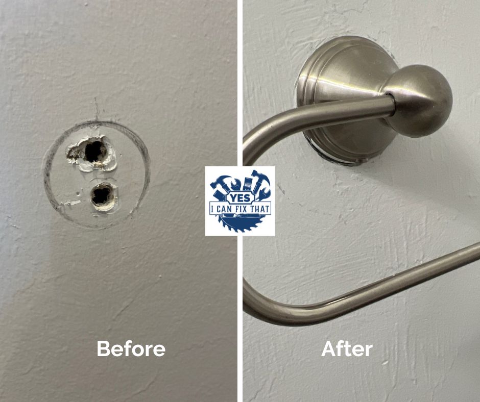 Before and after: Drywall holes patched and towel ring installed