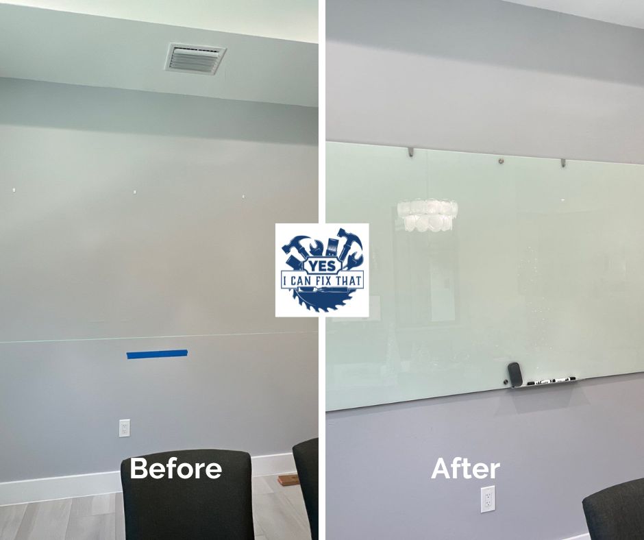 Before and after: Glass whiteboard mounted in a conference room
