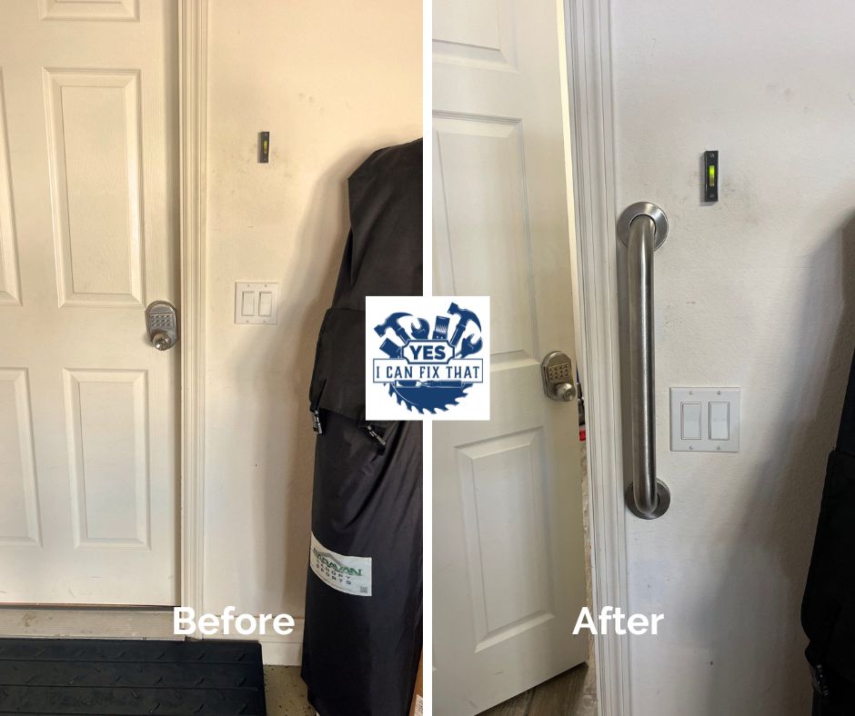 Before and after: Grab bar installed at a garage entry door