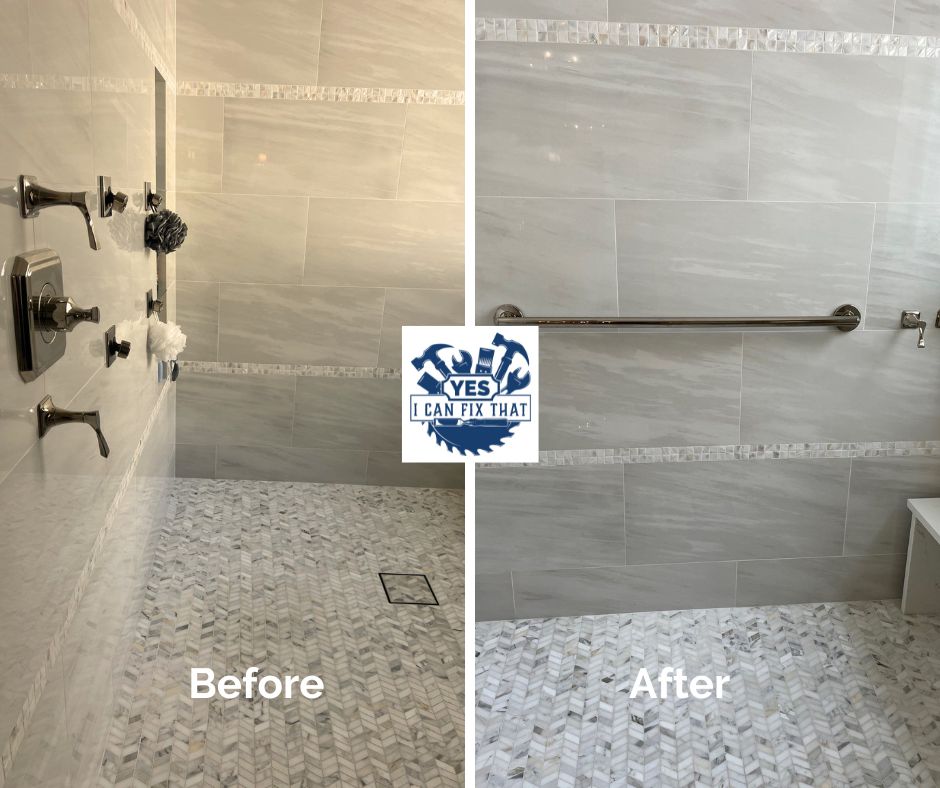 Before and after: Grab bar installed in a tiled walk-in shower