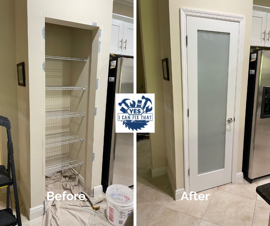 Before and after: Open pantry nook framed and fitted with a frosted glass door
