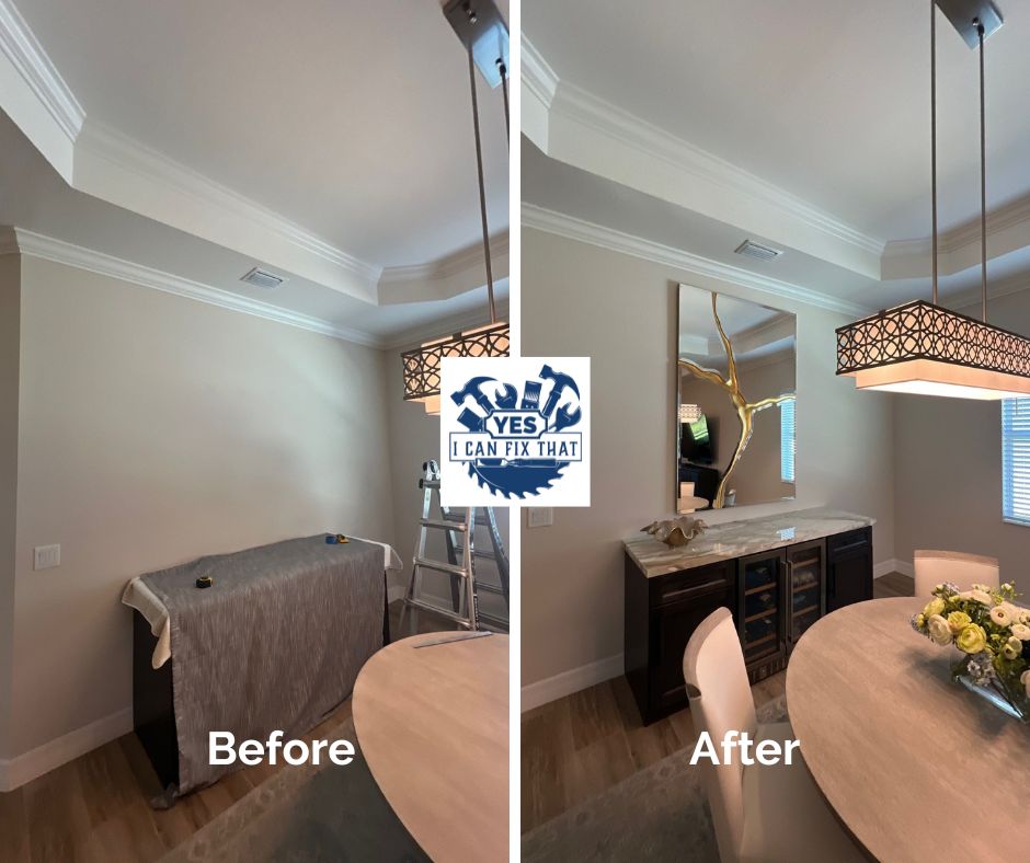 Before and after: Buffet cabinet with stone top installed, mirror hung above