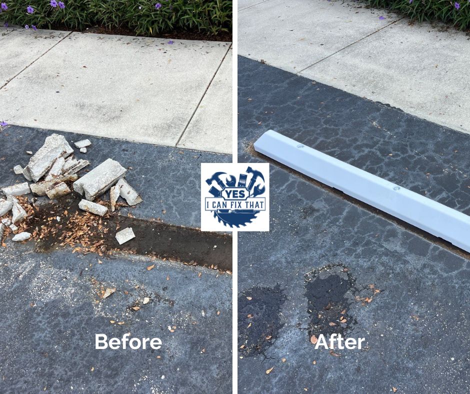 Before and after: Broken concrete parking stop replaced