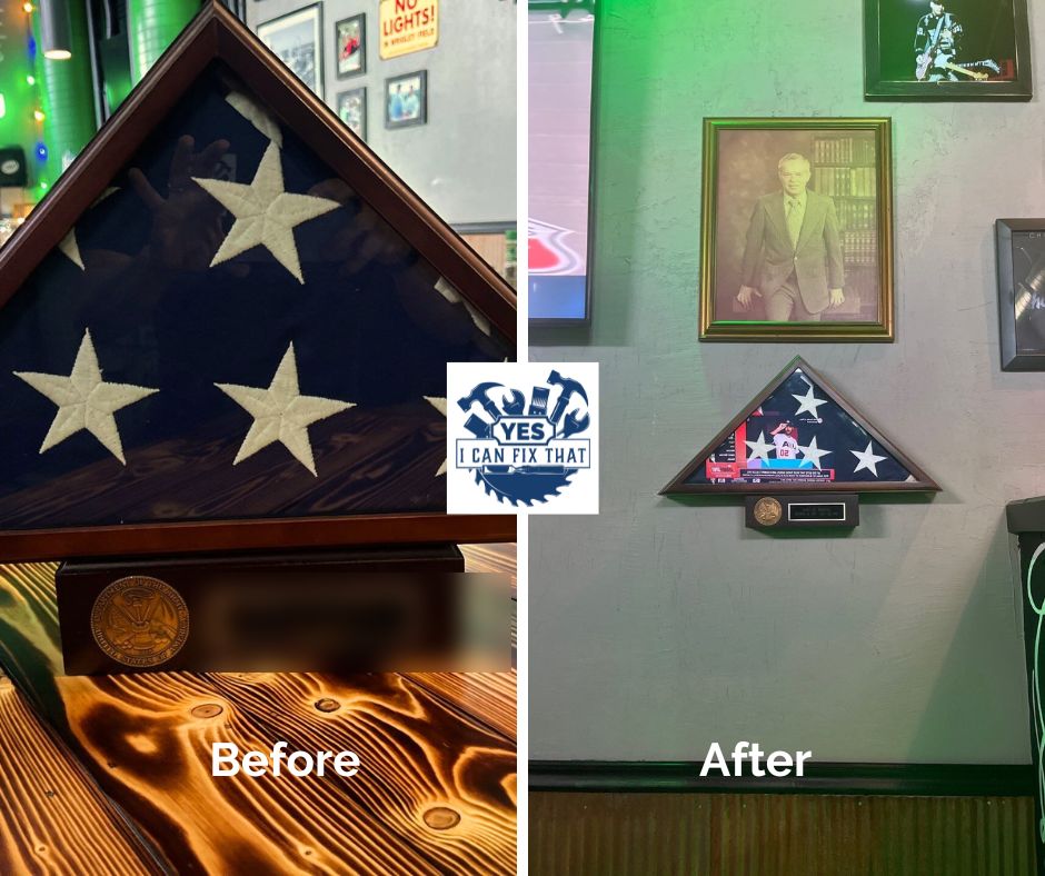 Before and after: Memorial flag case mounted on the wall