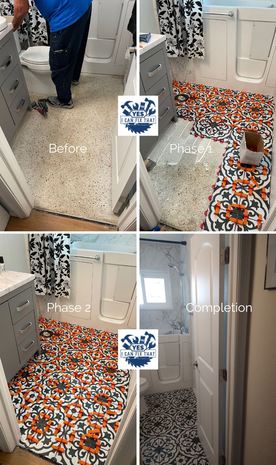Before and after: Patterned tile bathroom floor, from old floor to finished room