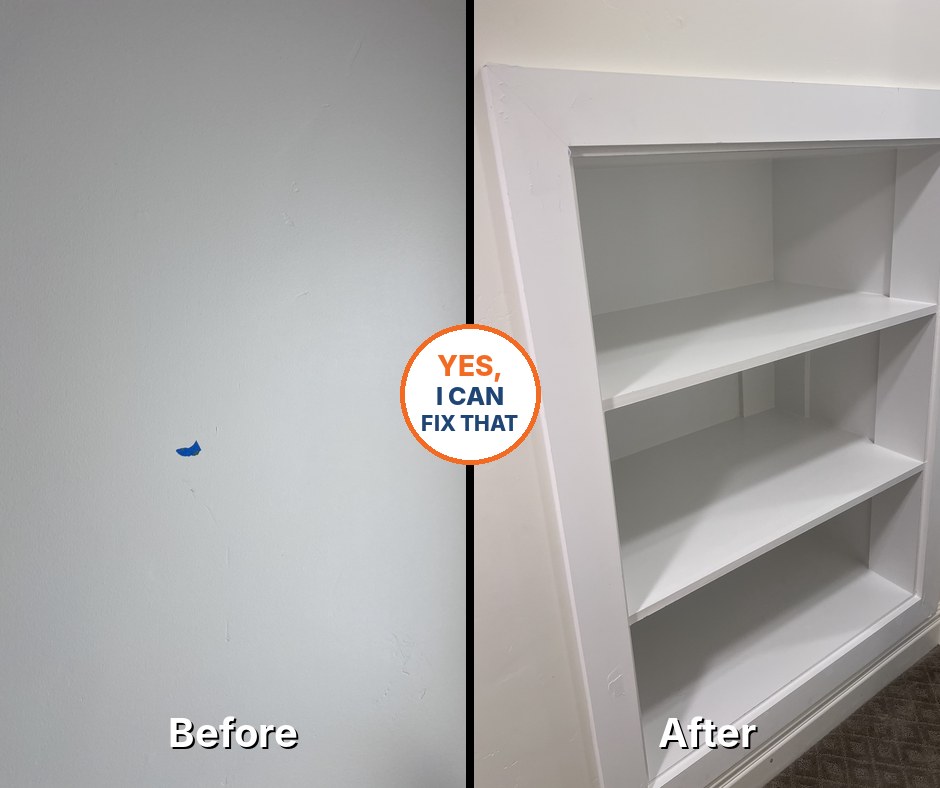 Before and after: Built-in shelves set into the wall under the stairs